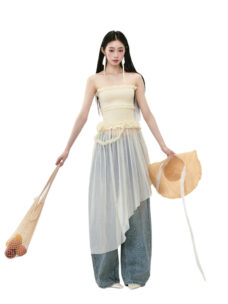 Irregular Strapless Mesh Dress