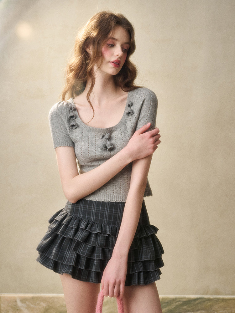 Gray Plaid Doll Collar Lace Waist Shirt & Cami Set