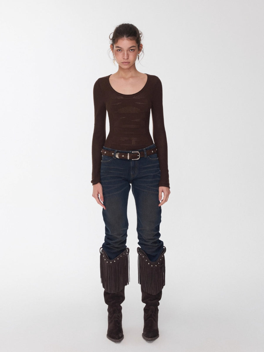 Vintage Pleated Washed Denim Curved Jeans