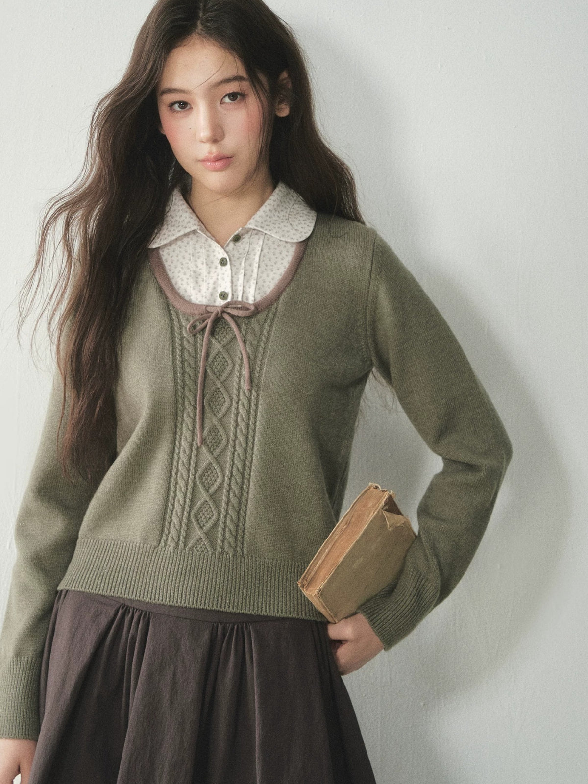 Floral Collar Bow Cable Knit Sweater