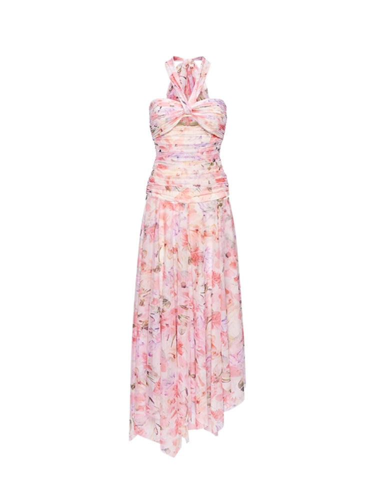 Floral-print Floral Ribbon Neckline Hollow-out Dress