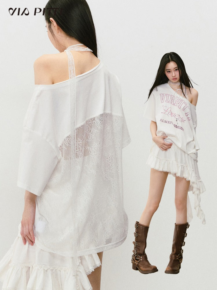 Off-shoulder Letter Hollow-out Spliced T-shirt