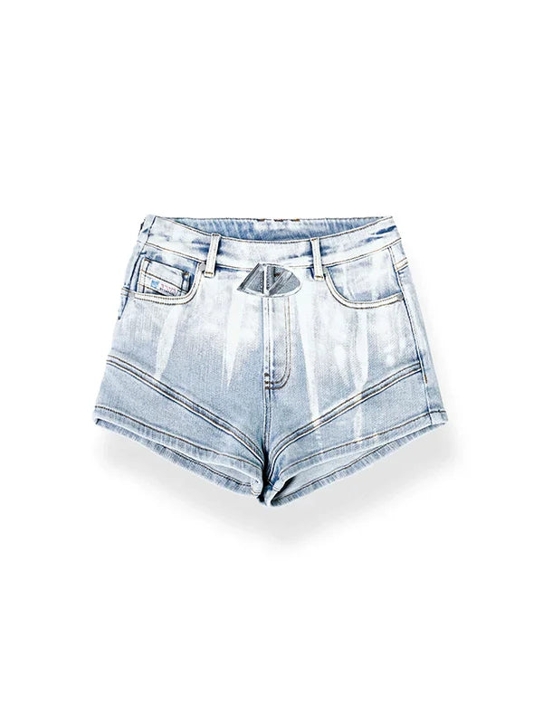 Gradient Floral Elastic Skinny Denim Shorts