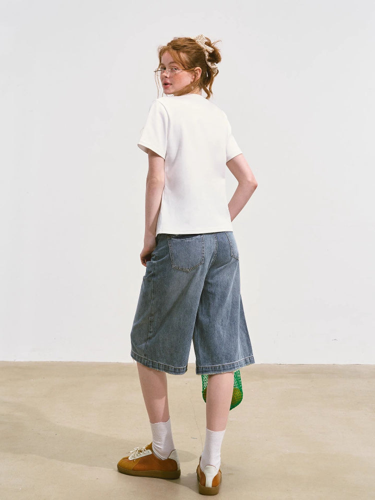 Imitation-Lace Printed High-Waist Denim Mid-Length Pants