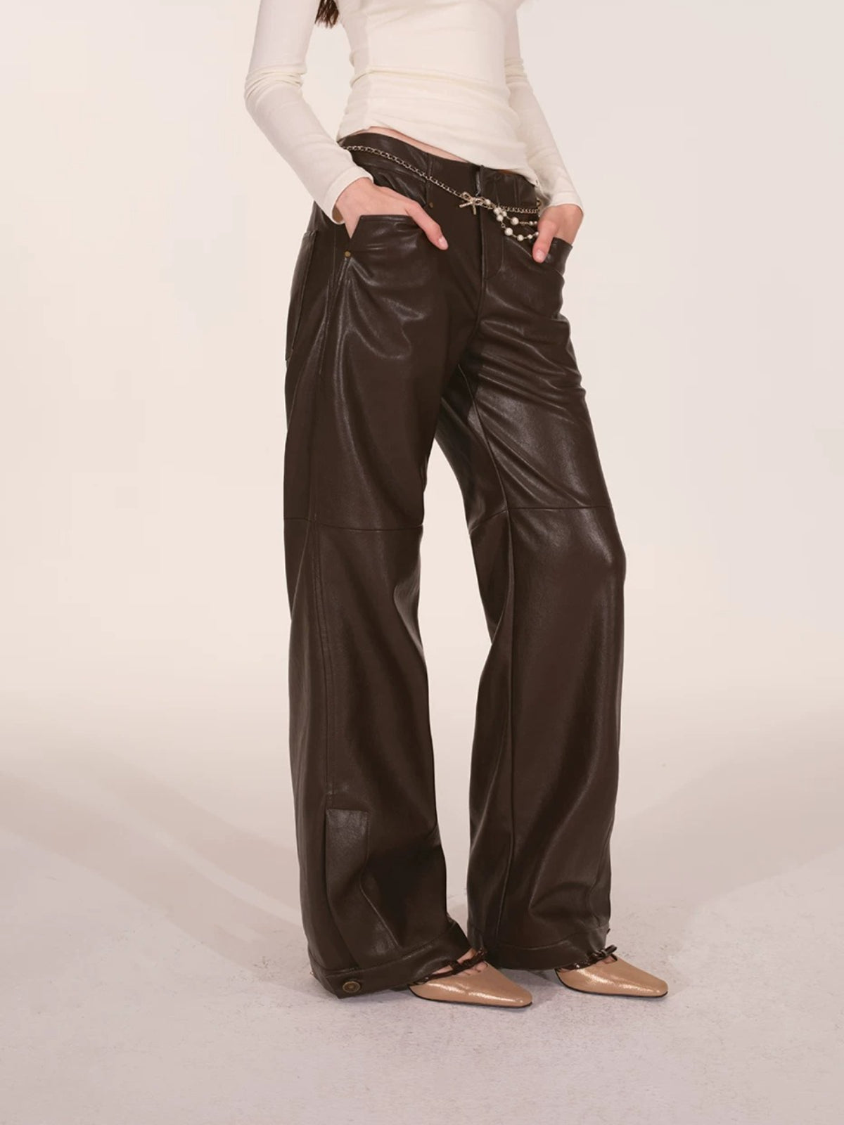 Paneled Faux Leather Wide-Leg Pants
