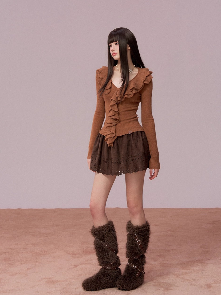 Embroidered Faux Suede A-Line Skirt