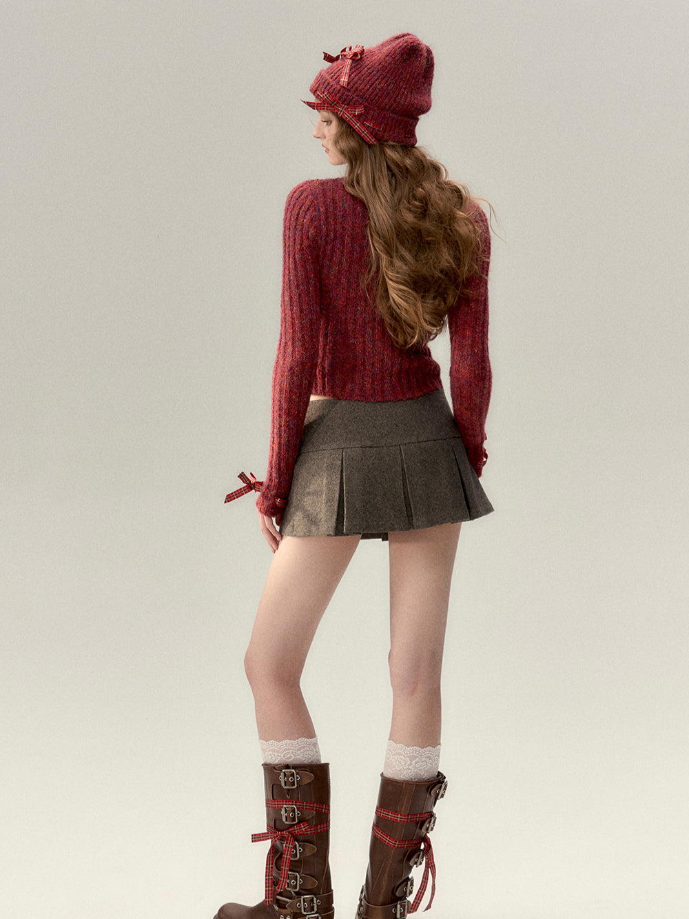 Bowknot Knit Cardigan & Hat & Scarf Set