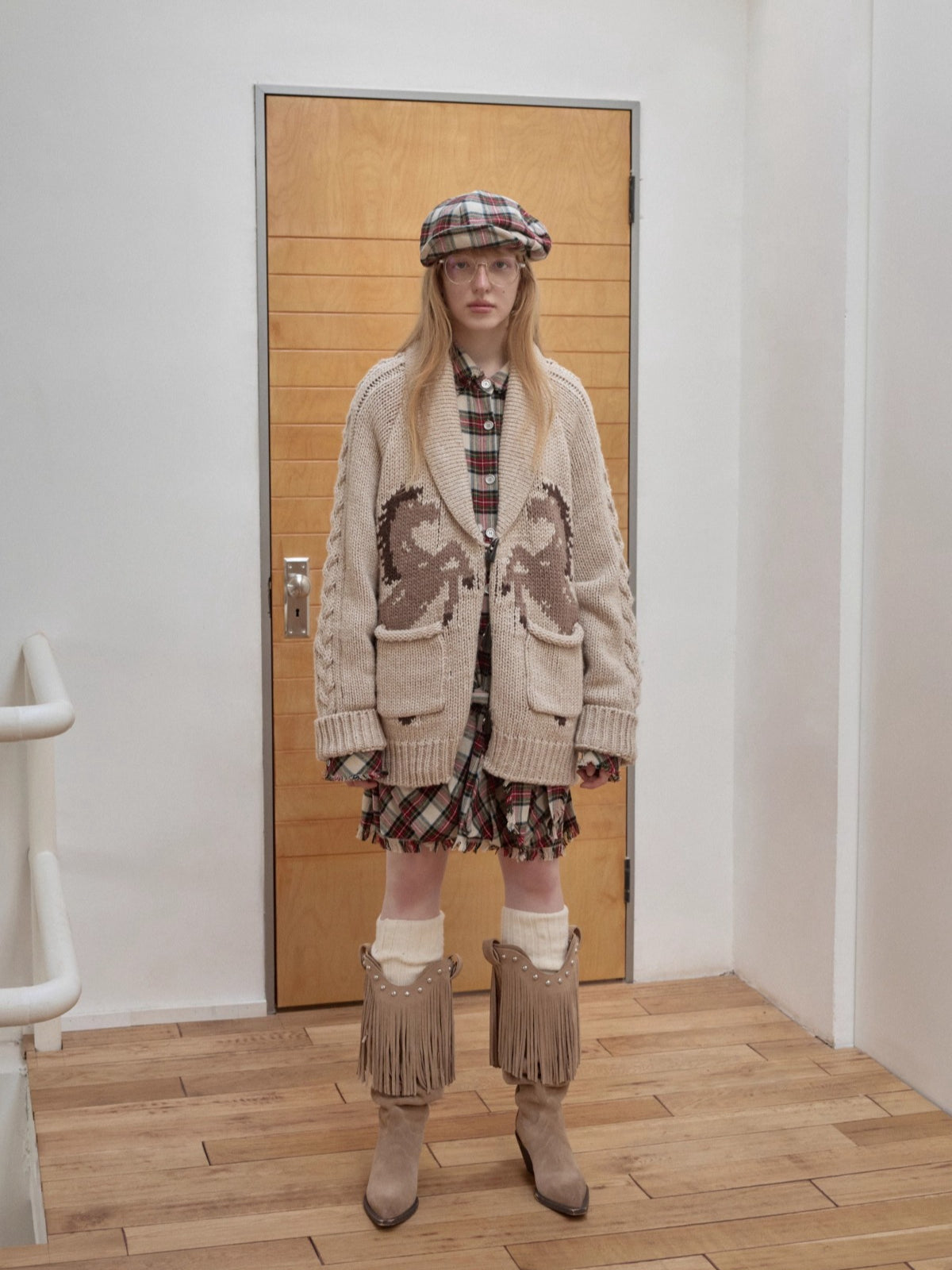 Pony Jacquard Horn-Button Chunky Cardigan