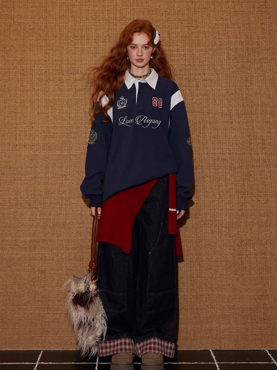 Contrast Collar Embroidered Drawstring Sweatshirt