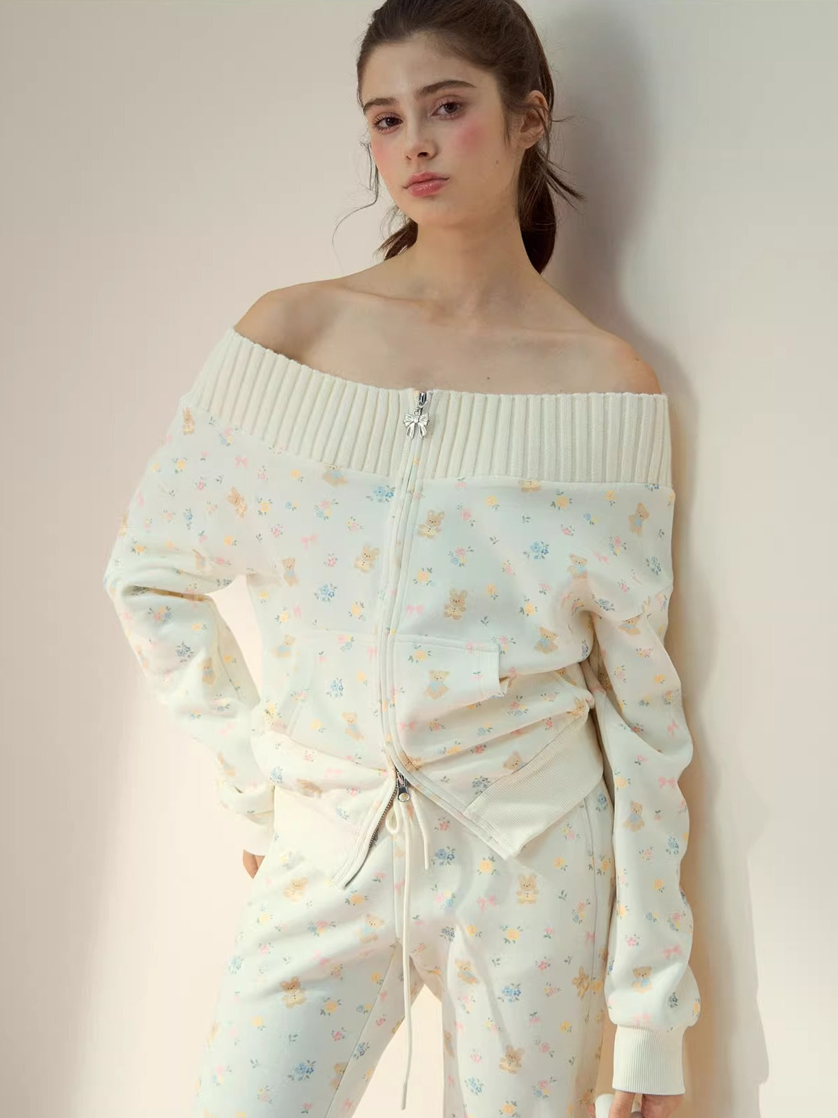 Floral Bear Bunny Off-Shoulder Sweatshirt & Pants Set