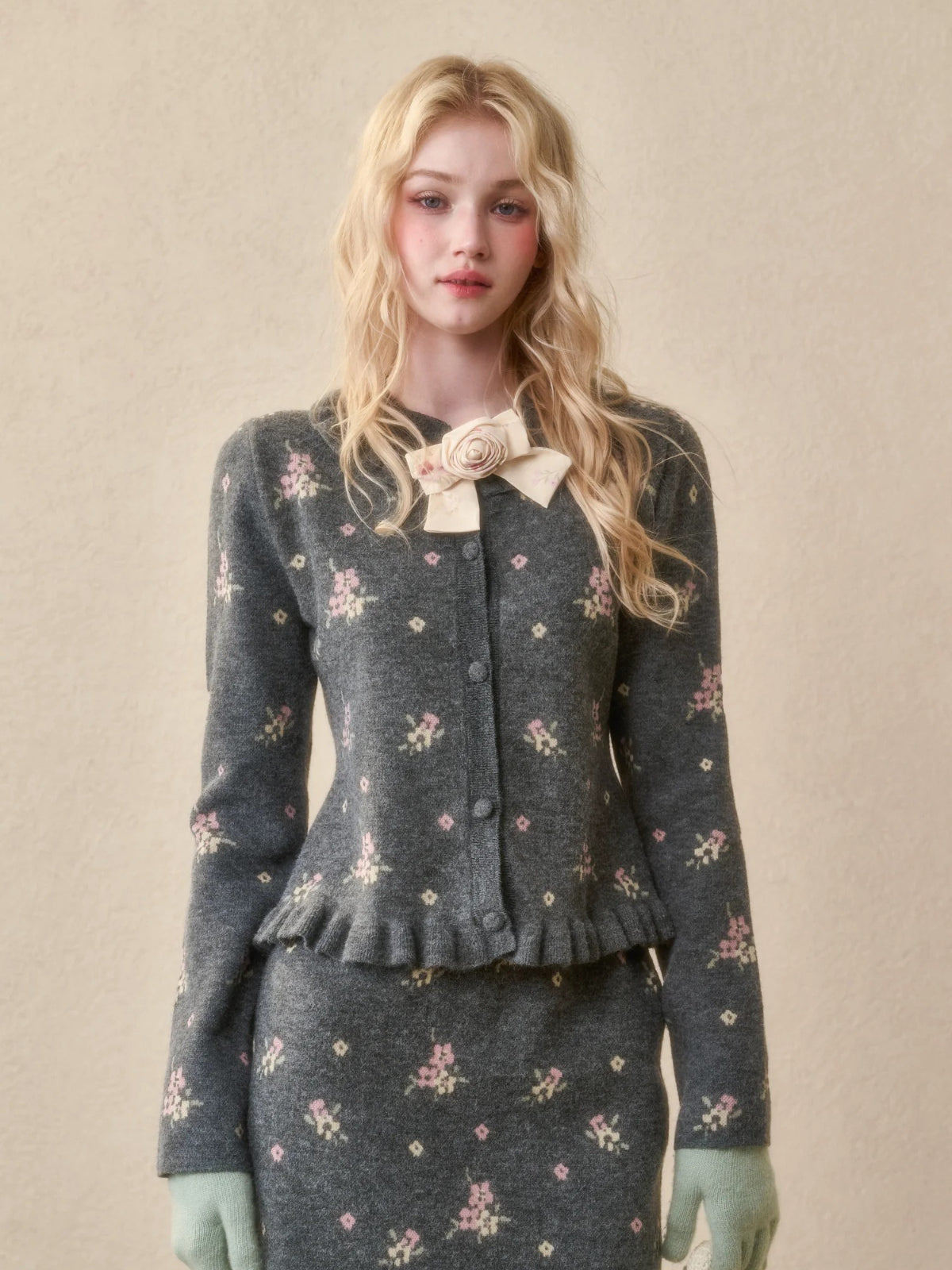 Floral Knit Cardigan & Skirt Set