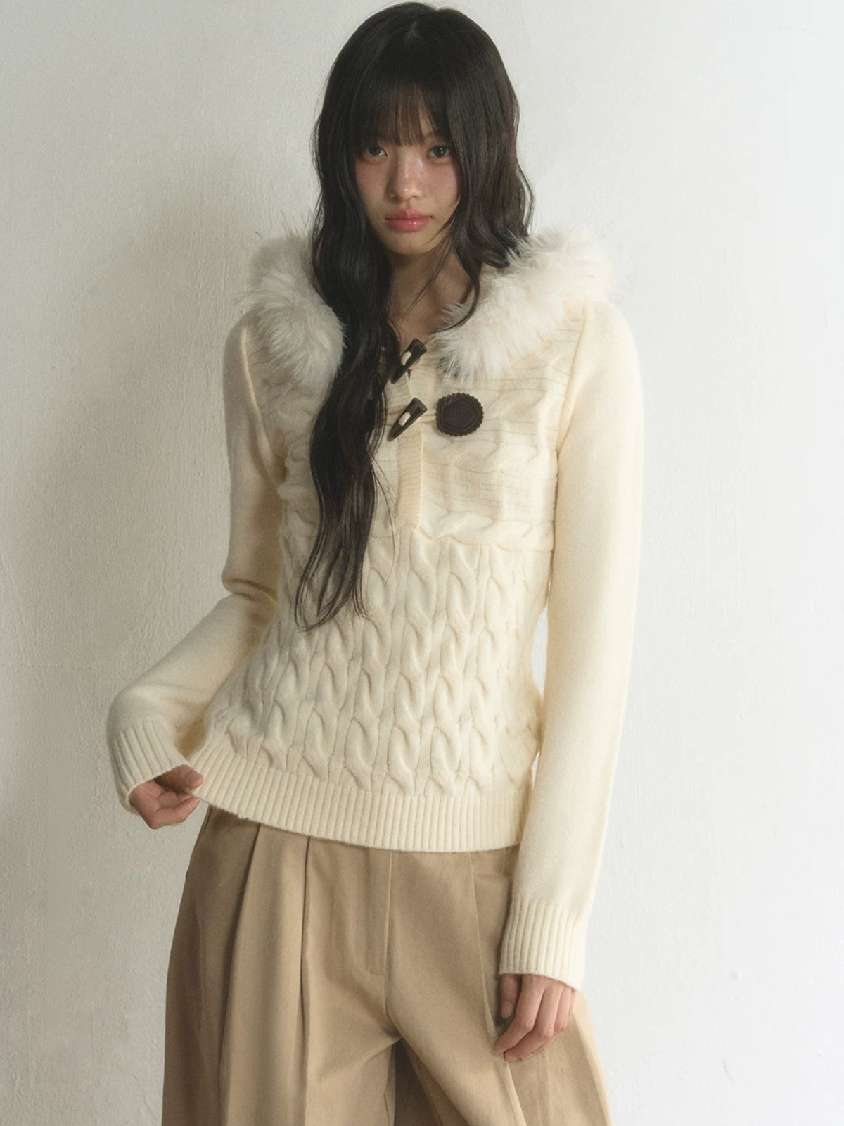 Fur-Trimmed Hooded Toggle Cable-Knit Sweater