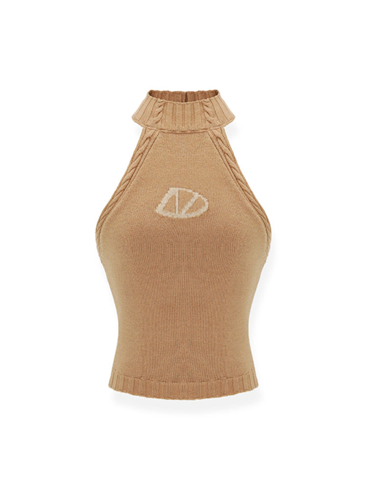 High Neck Sleeveless Backless Fitted Knitted Vest