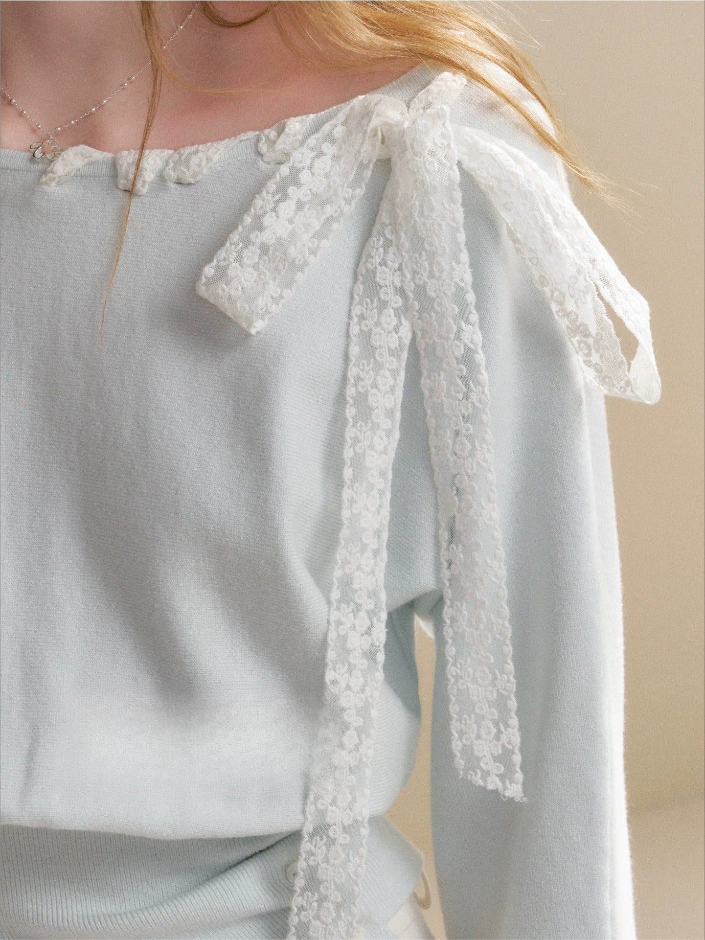 Mint Green Lace Tie Knit Pullover