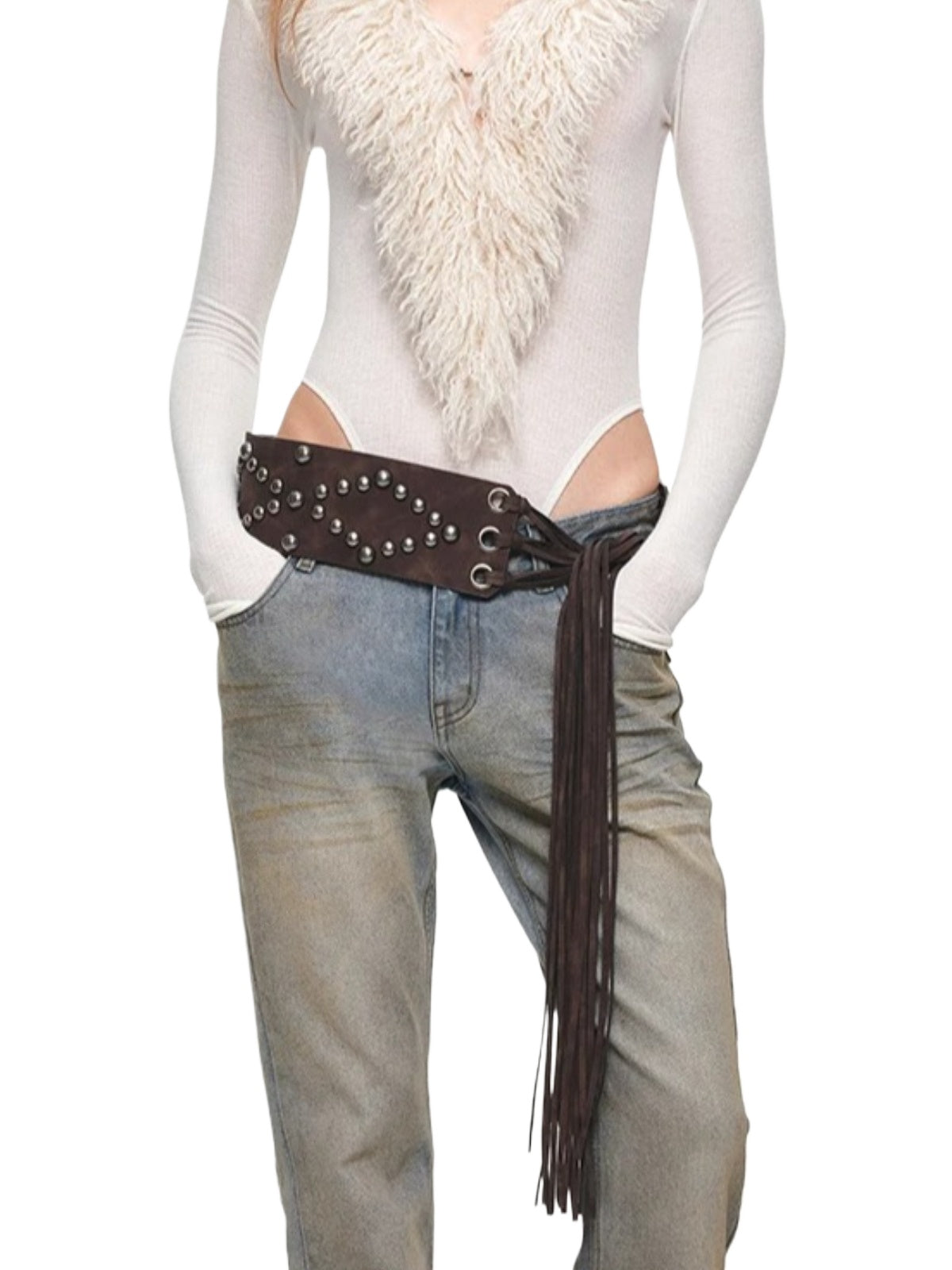 Vintage Studded Fringe Wide Waist Belt