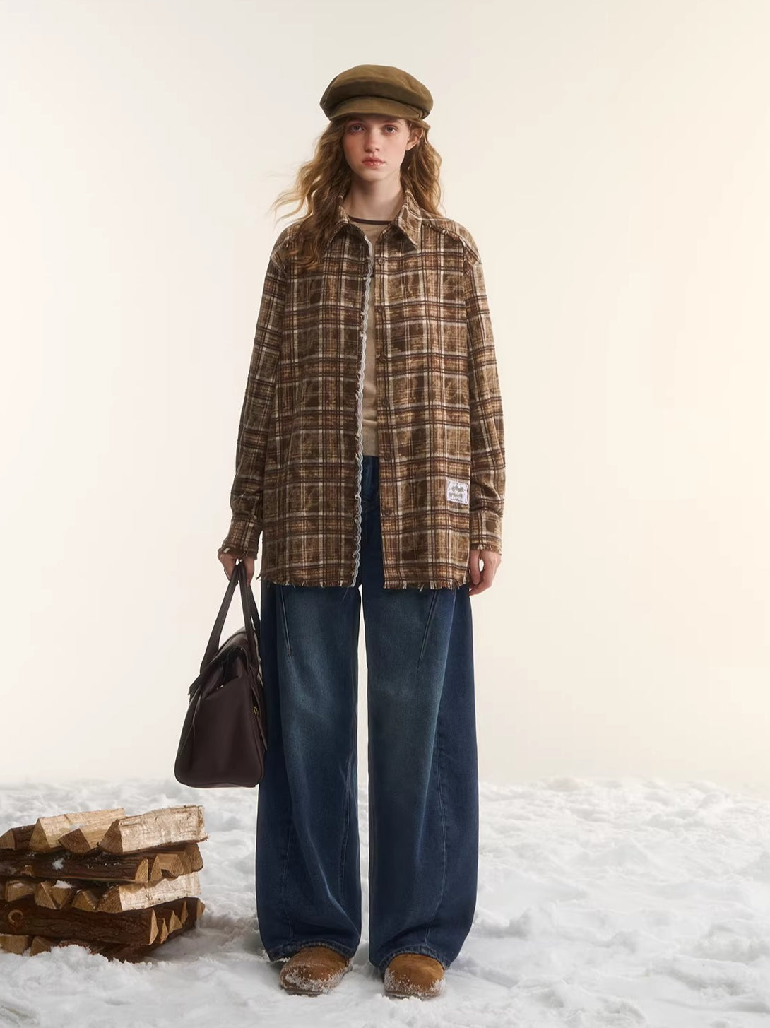 Brown Plaid Lace Trim Shirt