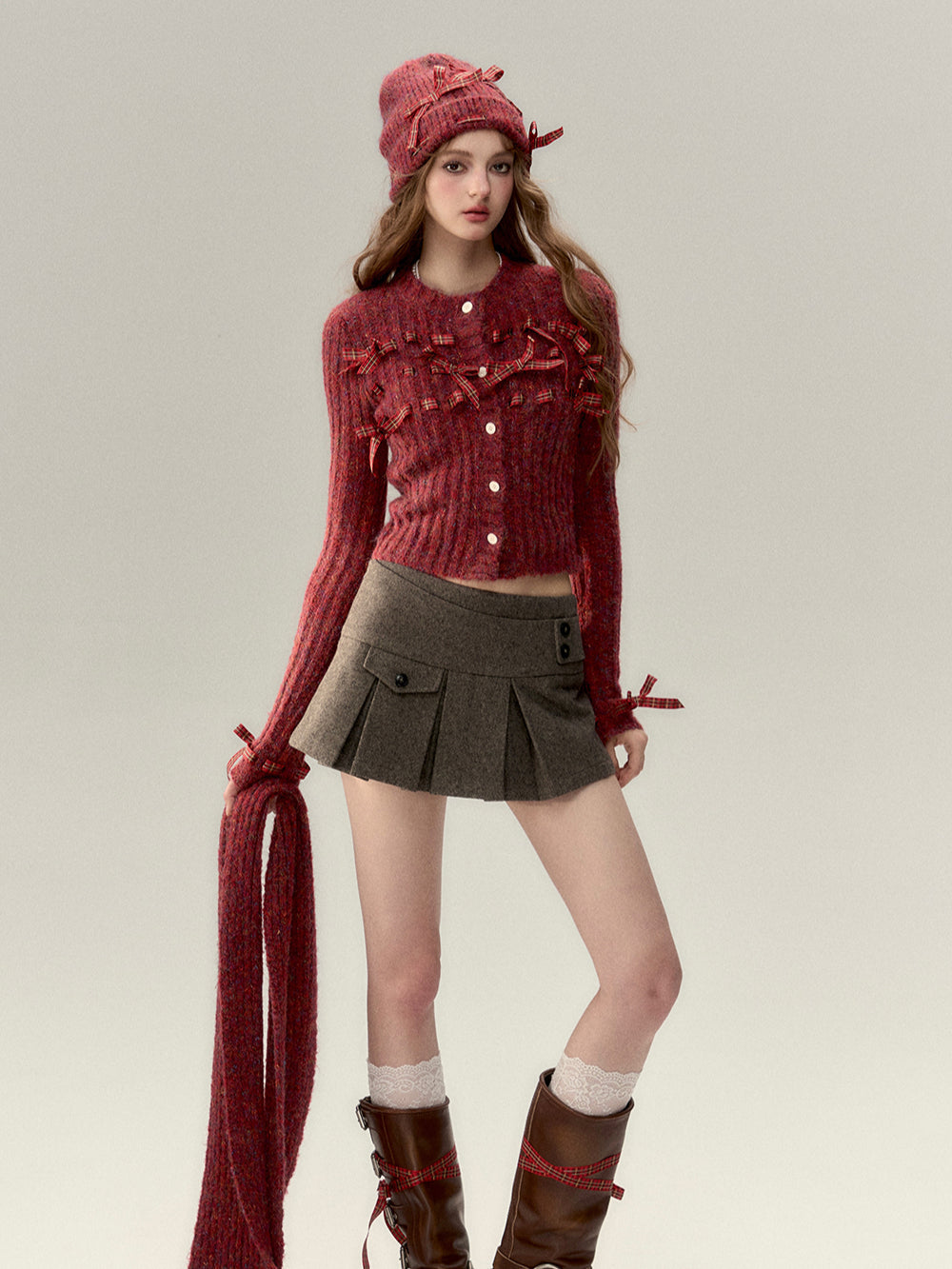 Bowknot Knit Cardigan & Hat & Scarf Set