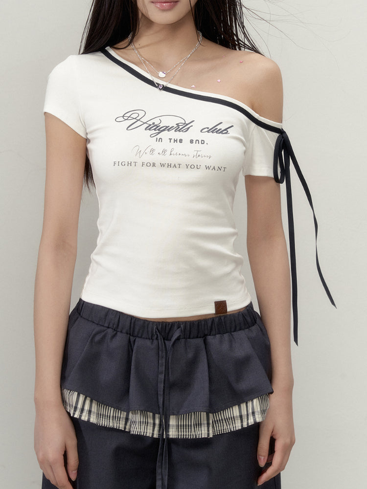 Off-Shoulder Letter Print Short Sleeve T-shirt