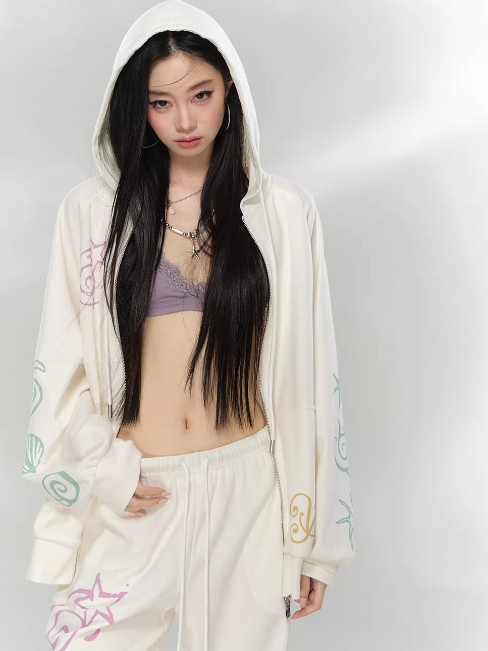 Green & Beige Printed Hoodie Set