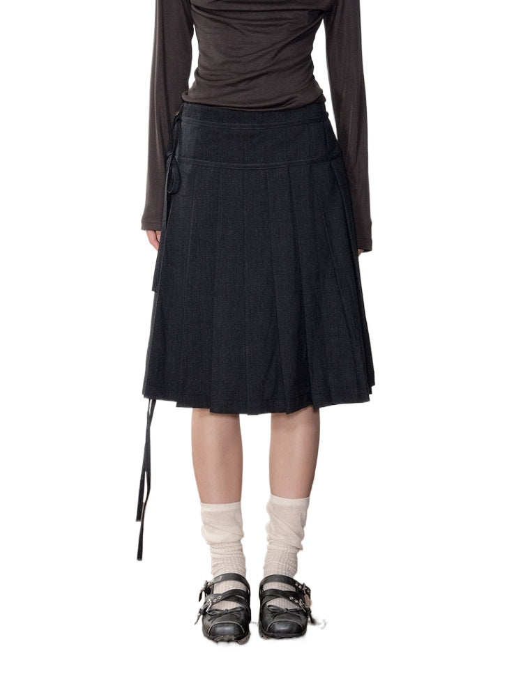 Dark Grey Tie-Waist Pleated Midi Skirt