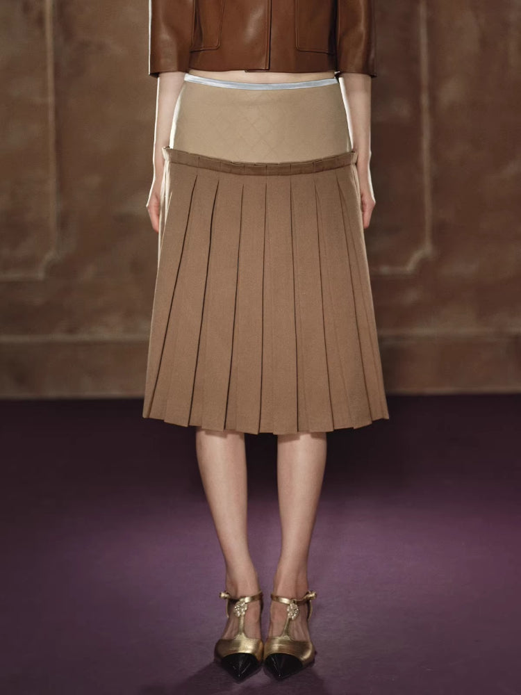 Satin Pleated A-Line Skirt Leather Jacket Set