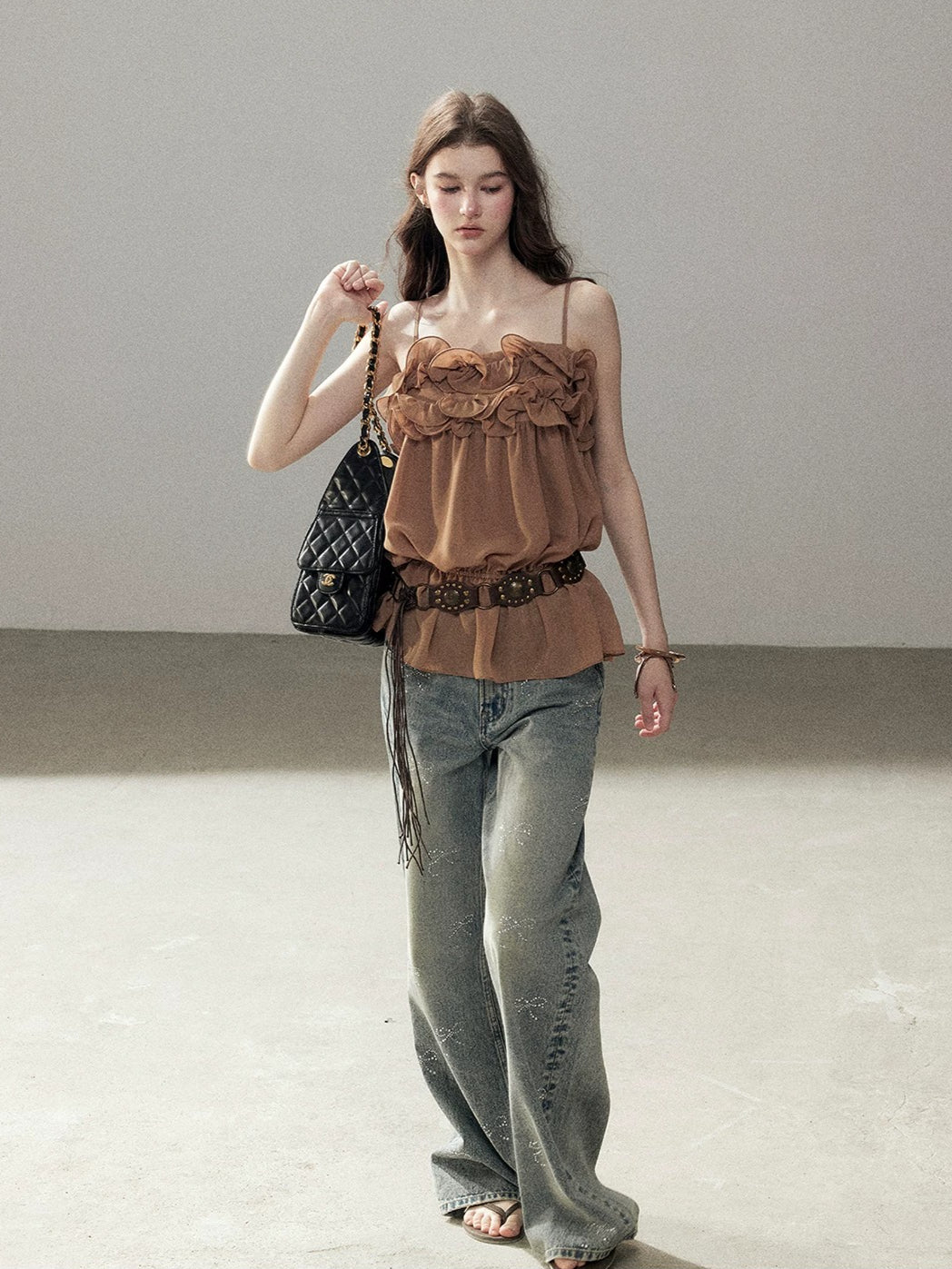Brown Ruffle Chiffon Top