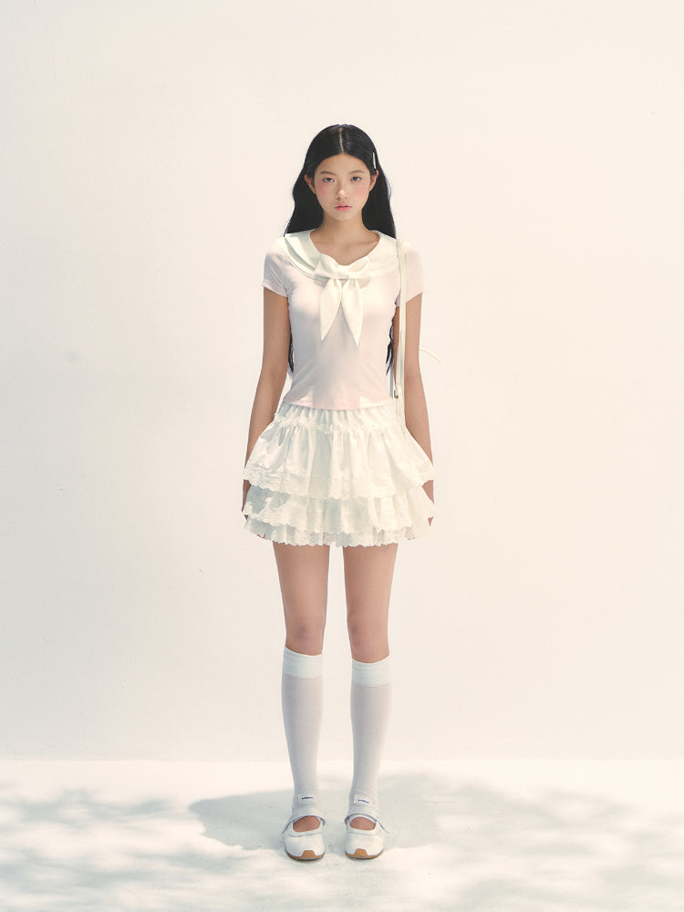 Bow-neck Contrast-color Skin Friendly Cotton T-shirt