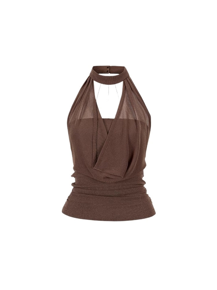 Chain Swing-neck Halter Neckline-gathered Waist Tank Top