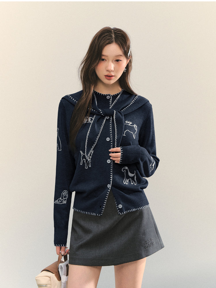 Puppy Embroidered Trim Hooded Knit Sweater