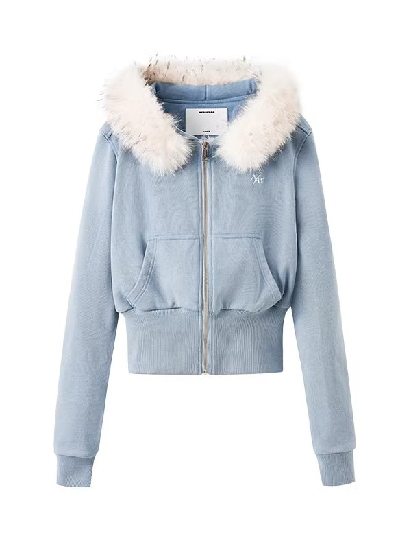 Fox Fur Trim Washed Cotton Fitted Hoodie