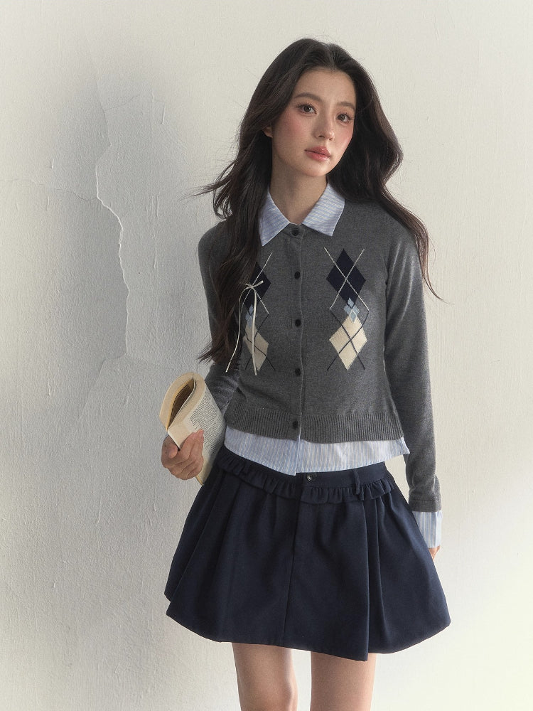 Faux Two-Piece Patchwork Shirt Collar Sweater
