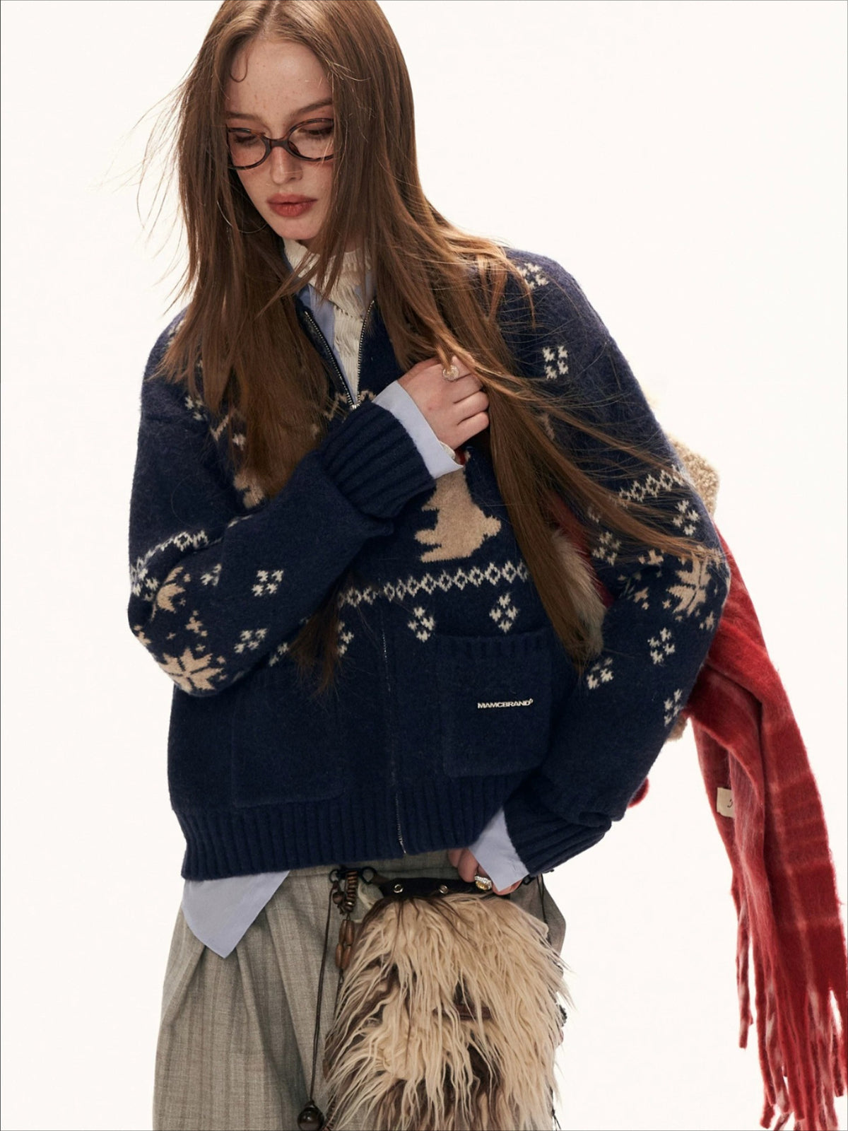 Red Snowflake Bunny Print Knit Cardigan