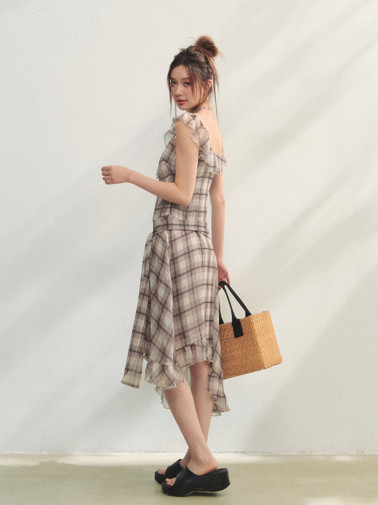 Checkered Print Asymmetrical Slip Dress