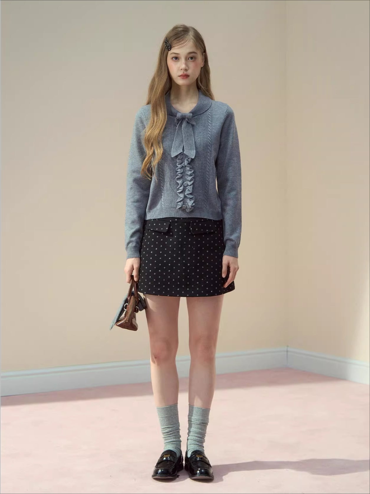 Ruffle-Tie Knit Peter-Pan Collar Sweater