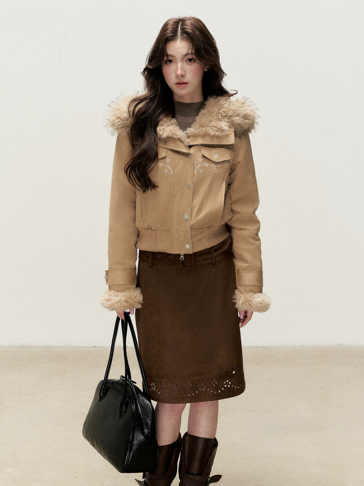 Embroidered Faux Suede Hooded Jacket