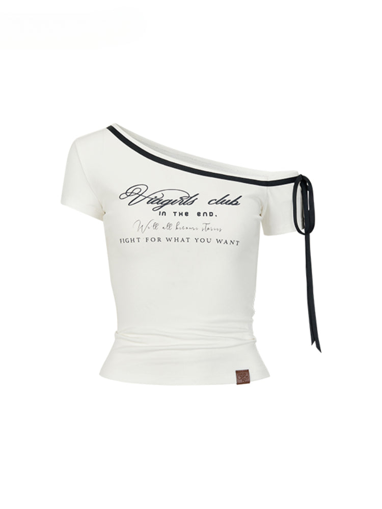 Off-Shoulder Letter Print Short Sleeve T-shirt
