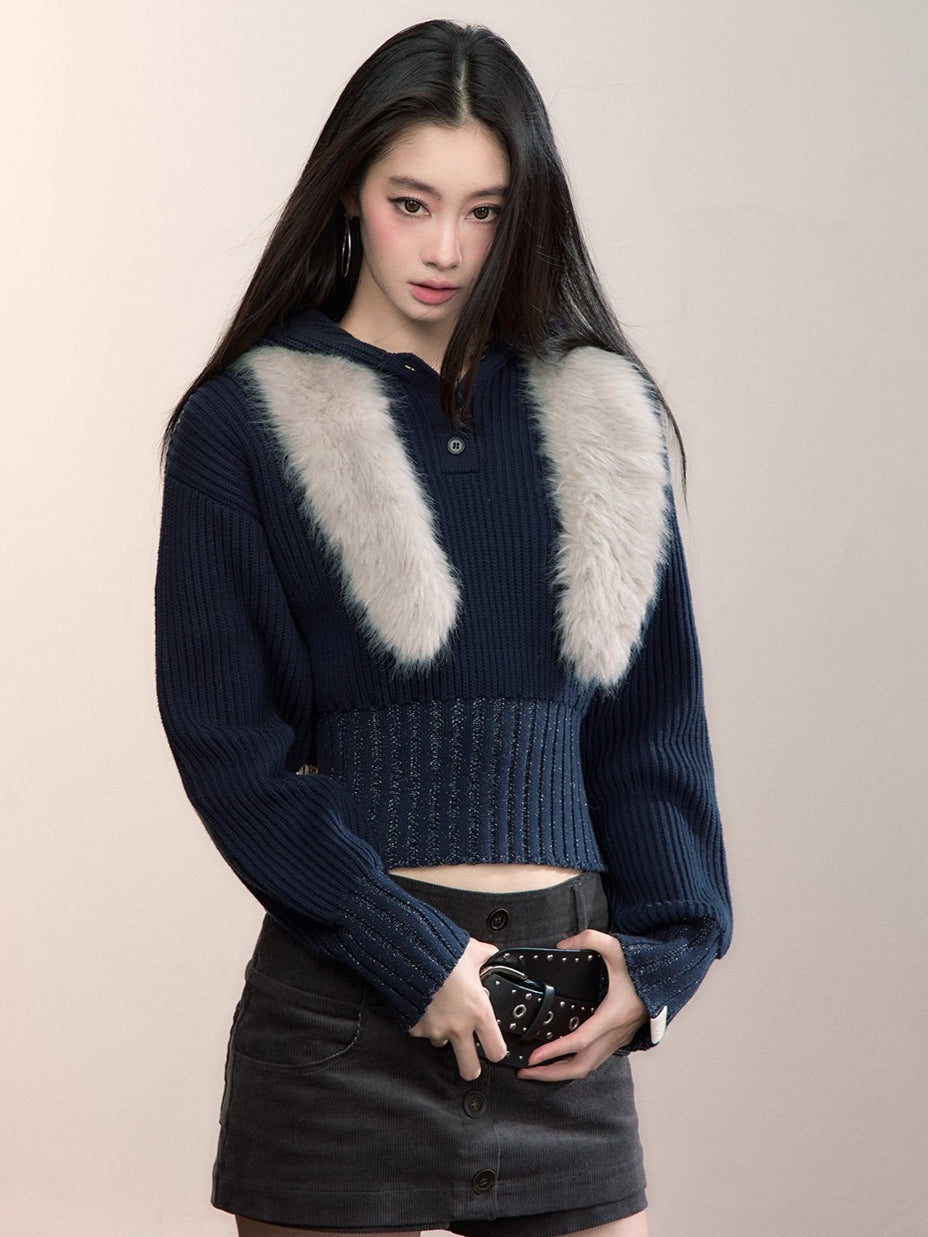 Hooded Ribbed Cropped Sweater