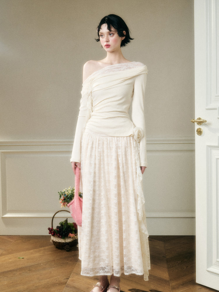 Lace Floral Asymmetrical Off-Shoulder Top & Skirt Set