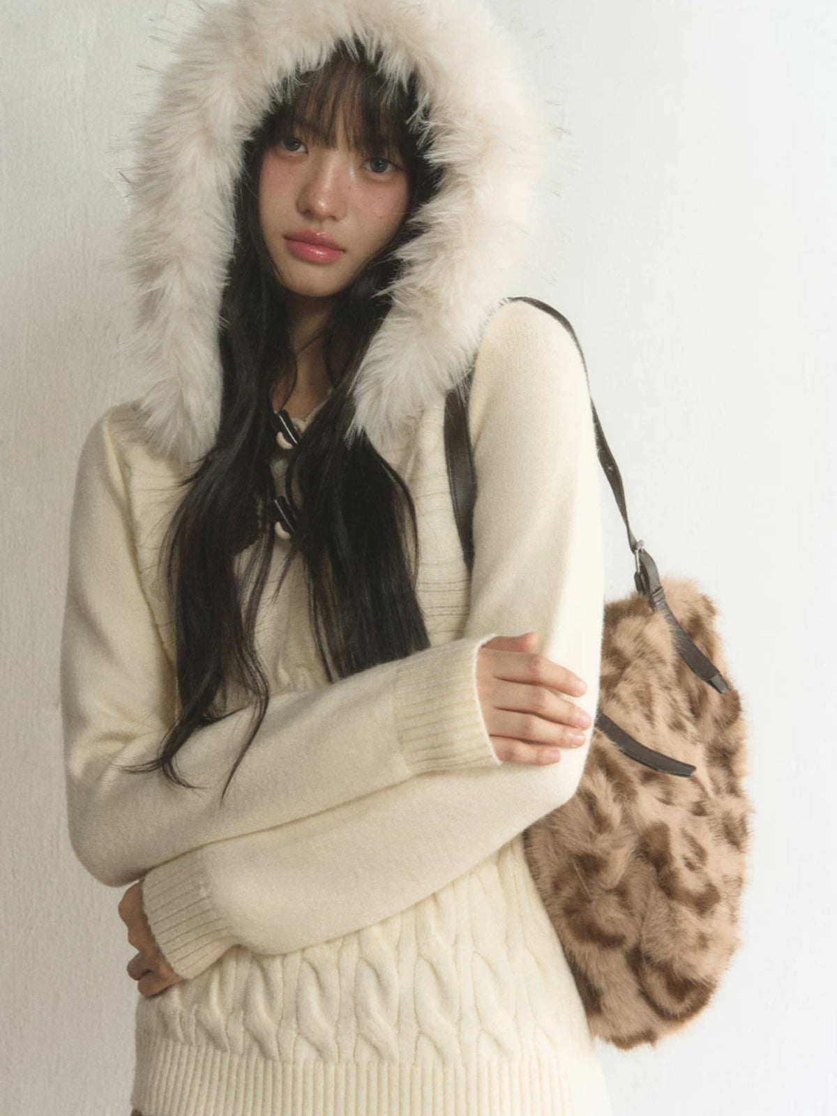 Fur-Trimmed Hooded Toggle Cable-Knit Sweater