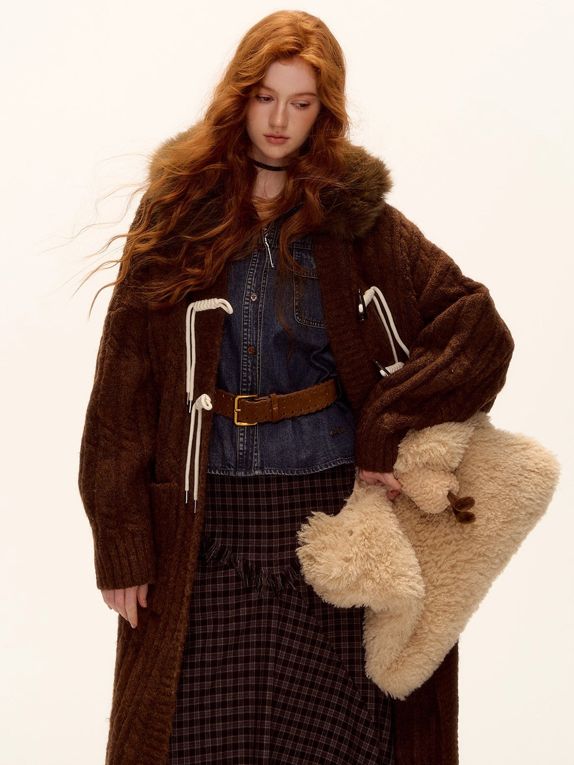 Detachable Fur Collar Cable-Knit Long Cardigan