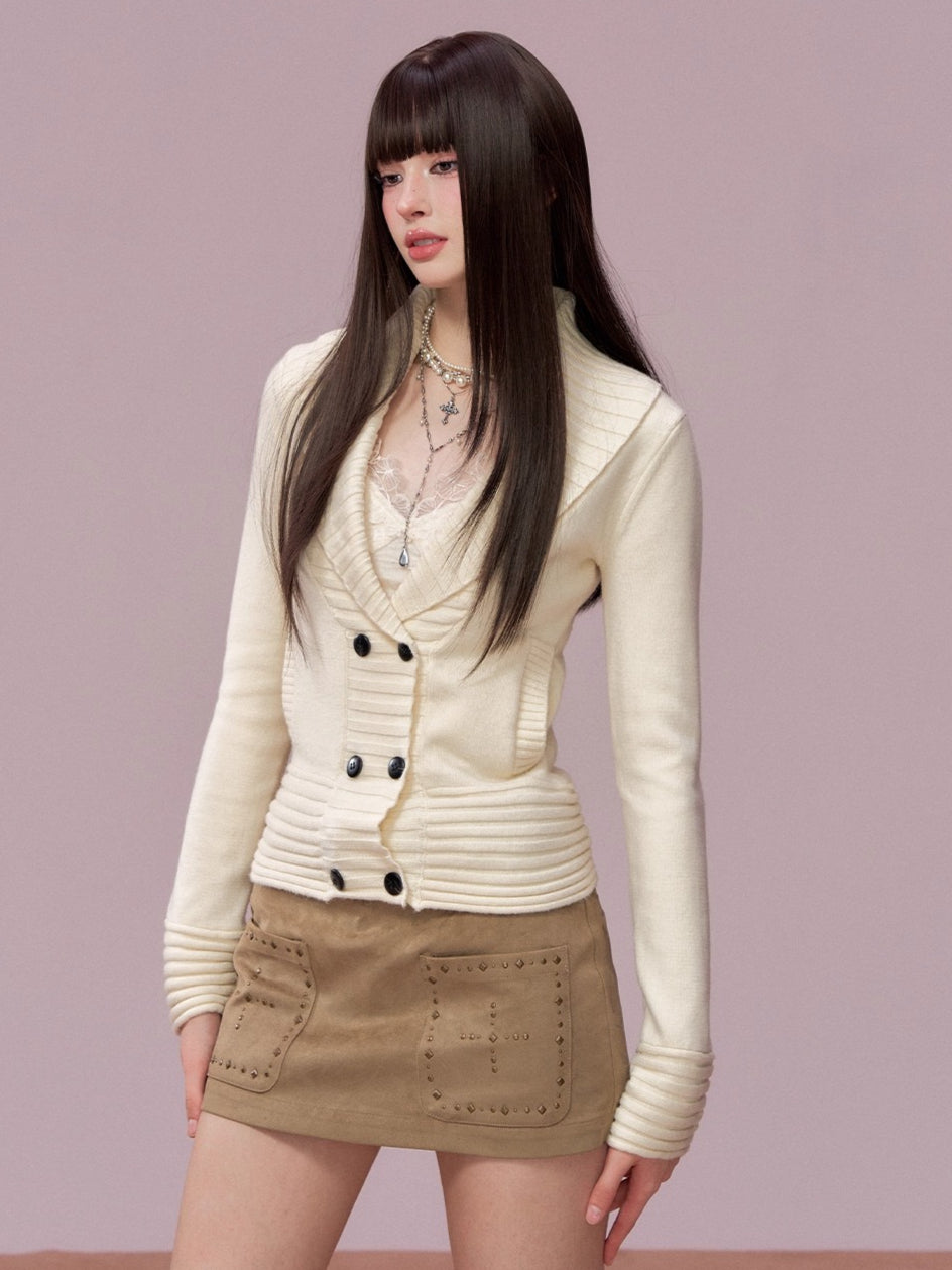 V-neck Double-breasted Knit Sweater