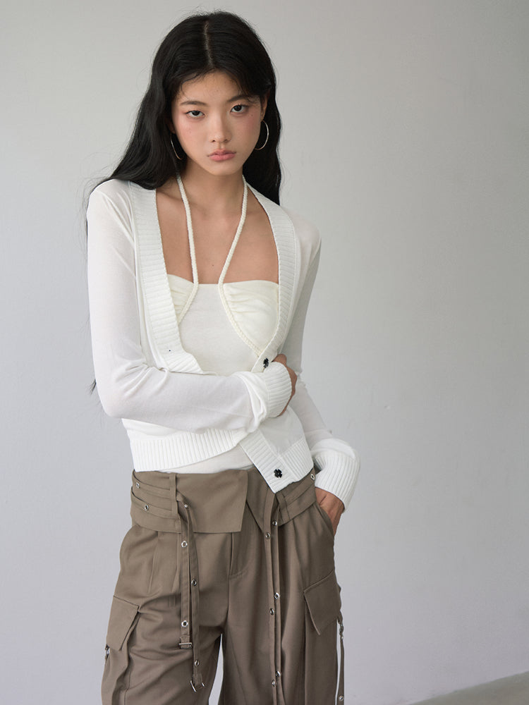 White Single-breasted Knitted Cardigan