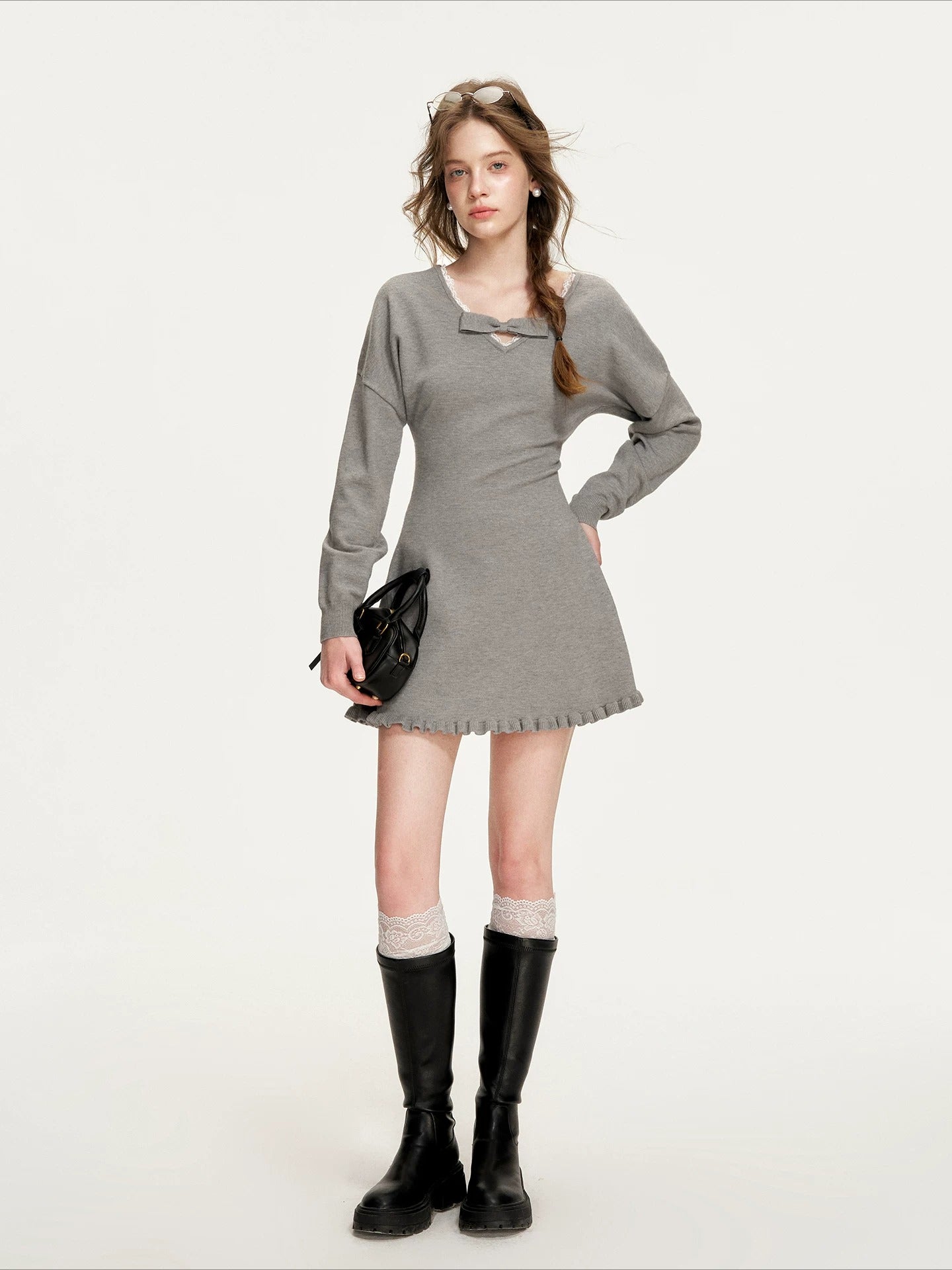 Gray Bowknot Knit Mini Dress