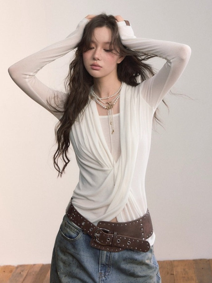 Draped Cross-Layered Faux Two-Piece Long Sleeve Tee