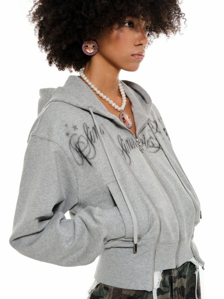 White & Gray Cropped Hoodie Cardigan
