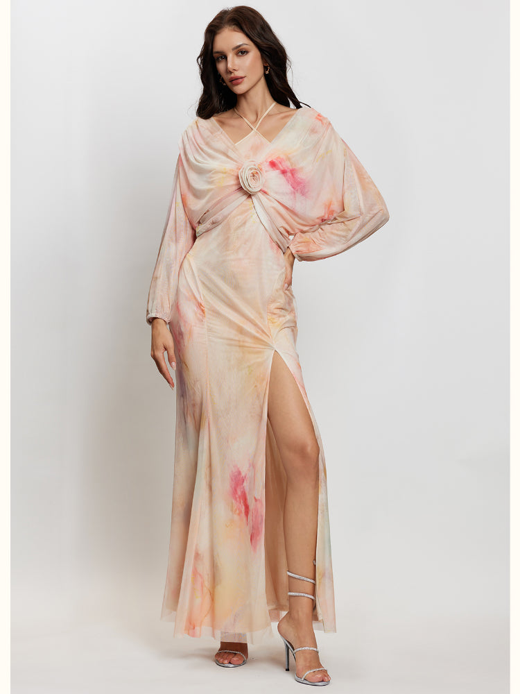 Net Fabric Halter Neck Backless High Slit Floral Print Dress