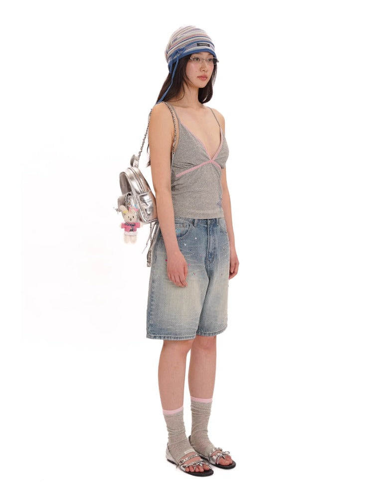 Rhinestone Pocket Embroidered Denim Capri Shorts/Long Pants