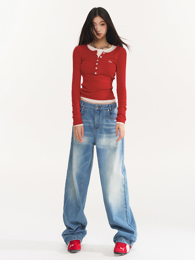 Ribbed Knit Logo Crewneck Top