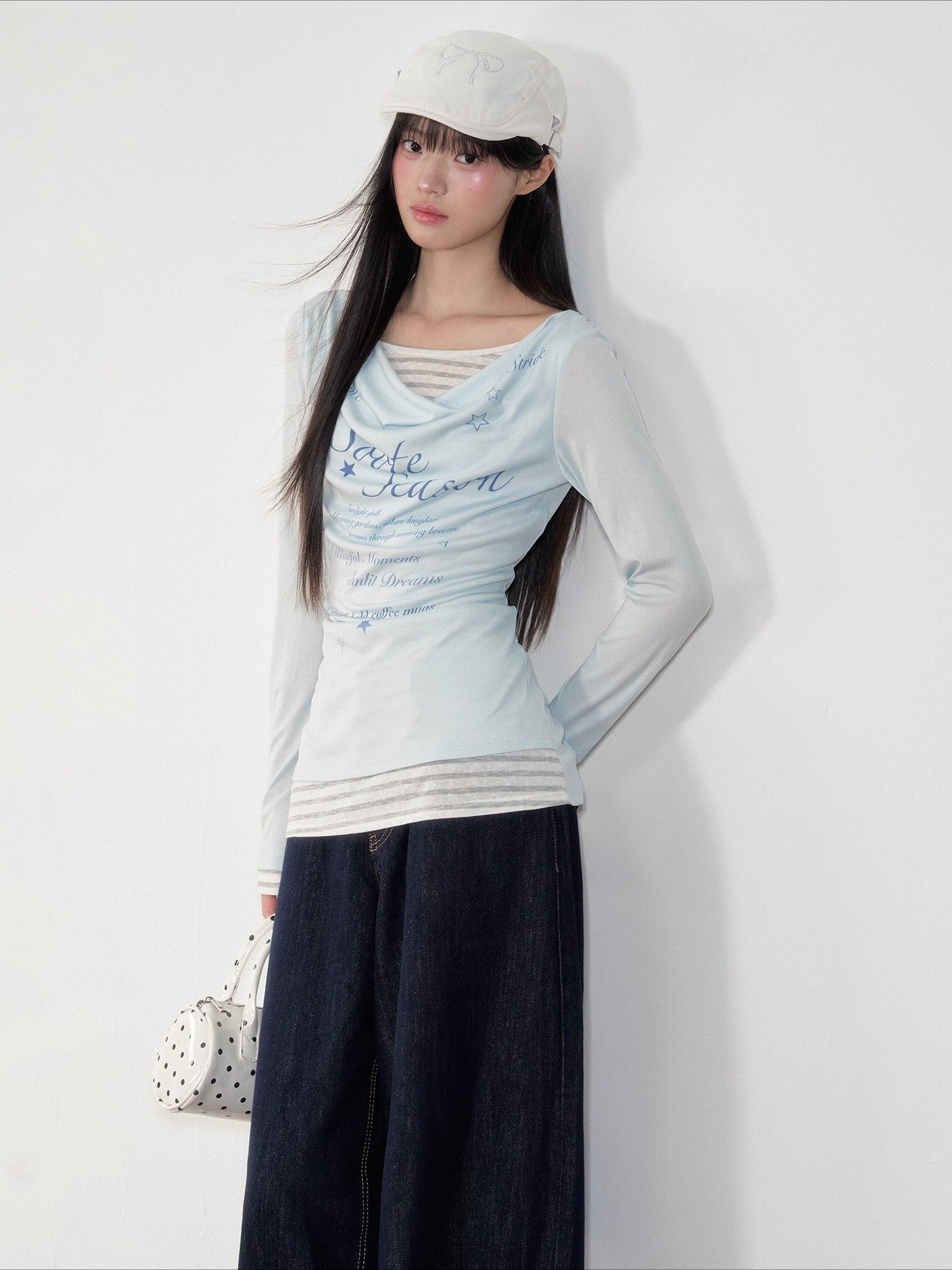 Blue & Gray Printed Draped Long-Sleeve T-shirt