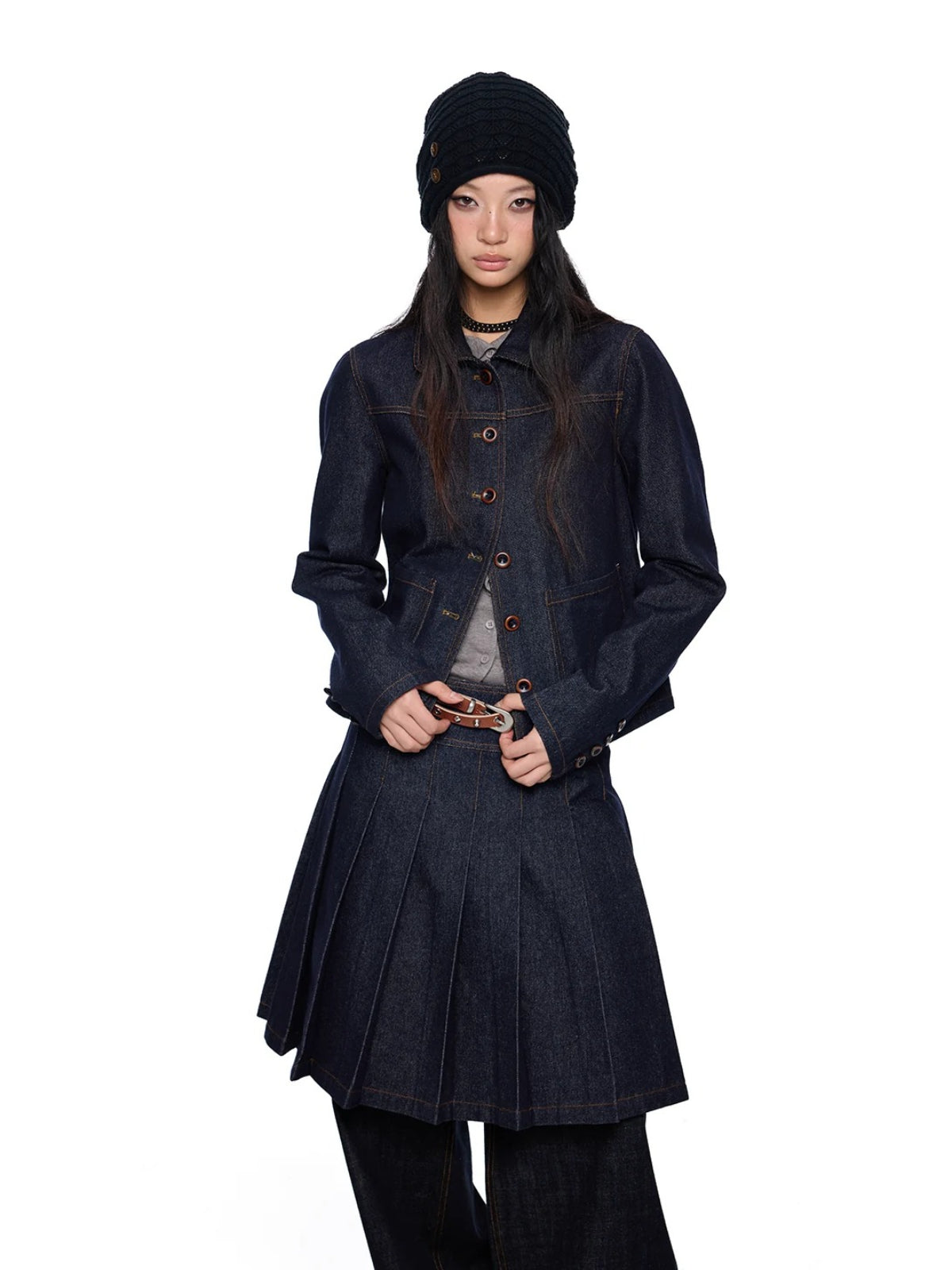 Vintage Denim Collar Pleated Skirt Set